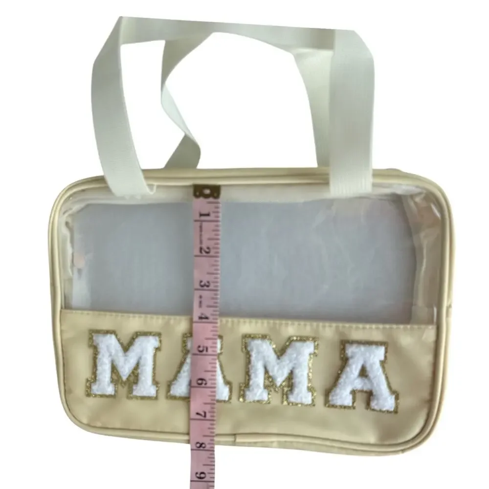 Preppy Clear MAMA Makeup Bag Large Travel Cosmetic Tote Chenille Patch NEW